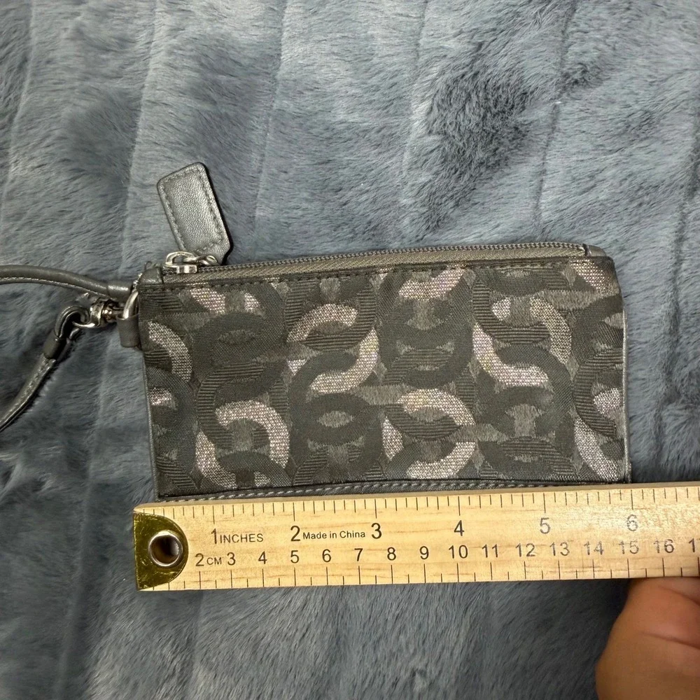 Coach Metallic Grey Optic Signature Jacquard Leather Trim Wristlet Pouch 6996